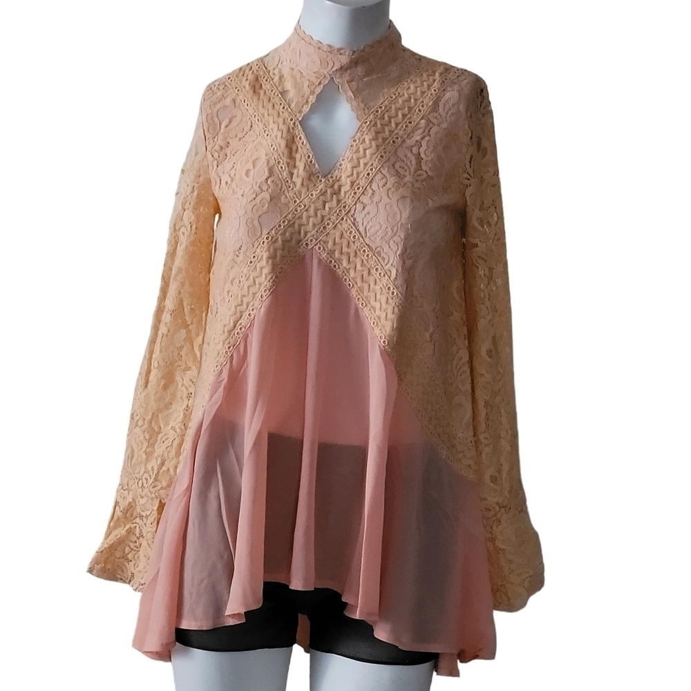 Oh Yes Flowy Lace Trim High Neck Keyhole Tunic Top Long Sleeve White New - Picture 10 of 14